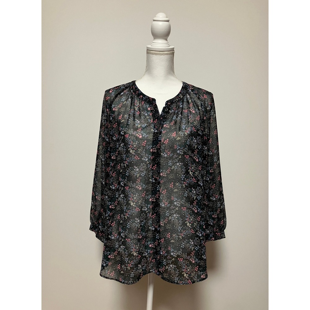 Uniqlo Womens Floral Sheer Button Up Blouse Small Black Multi Color Polyester